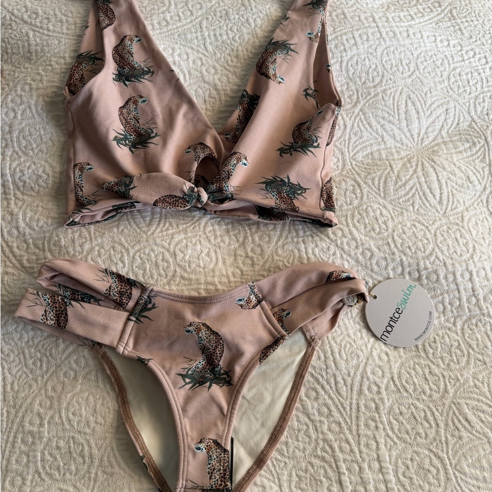 Montce Pink Mocha Cheetah Repeat Bikini Set - kim top and euro bottoms size s